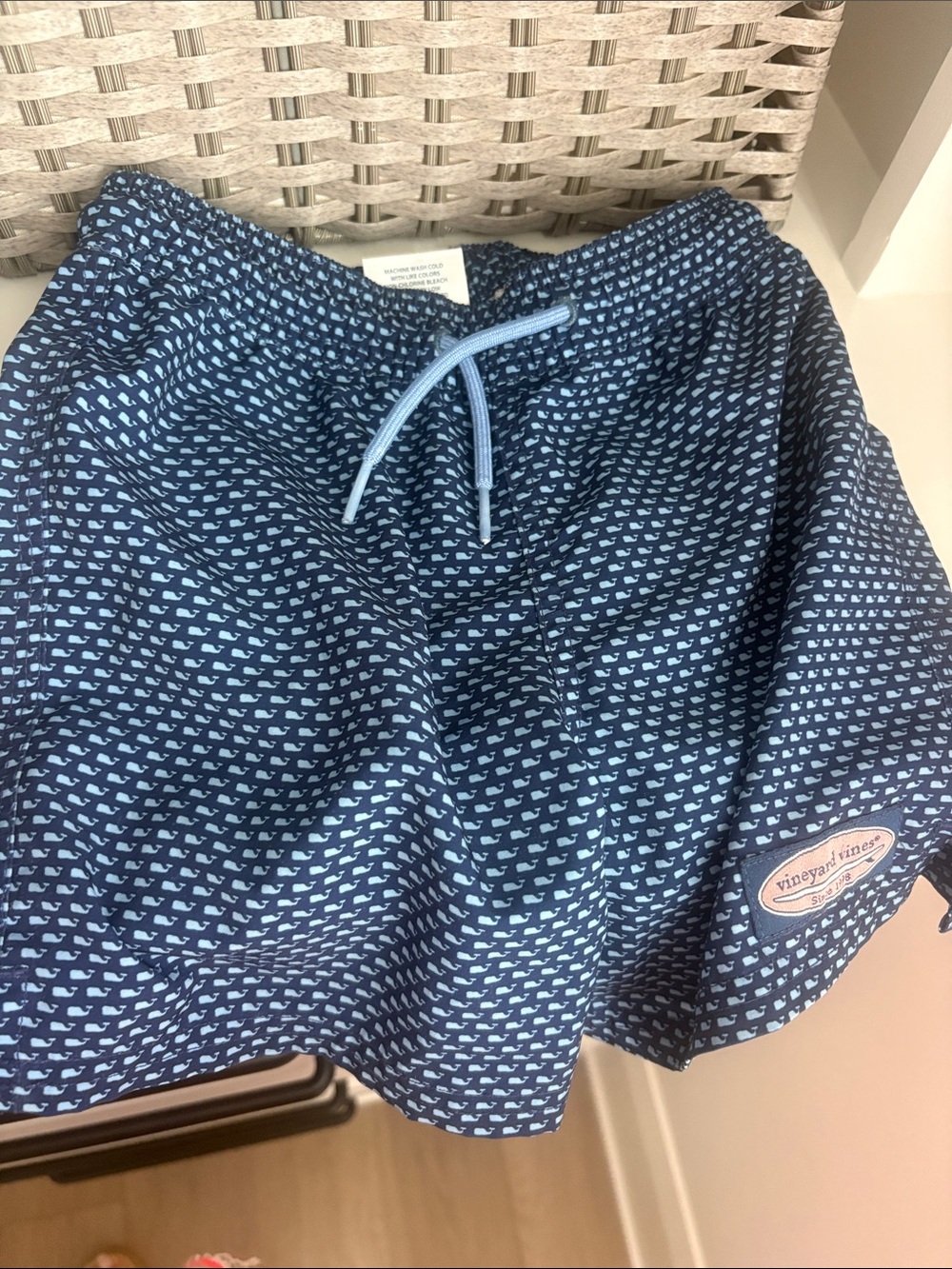 Vineyard Vines Navy Swim Shorts with Light Blue Whale Print